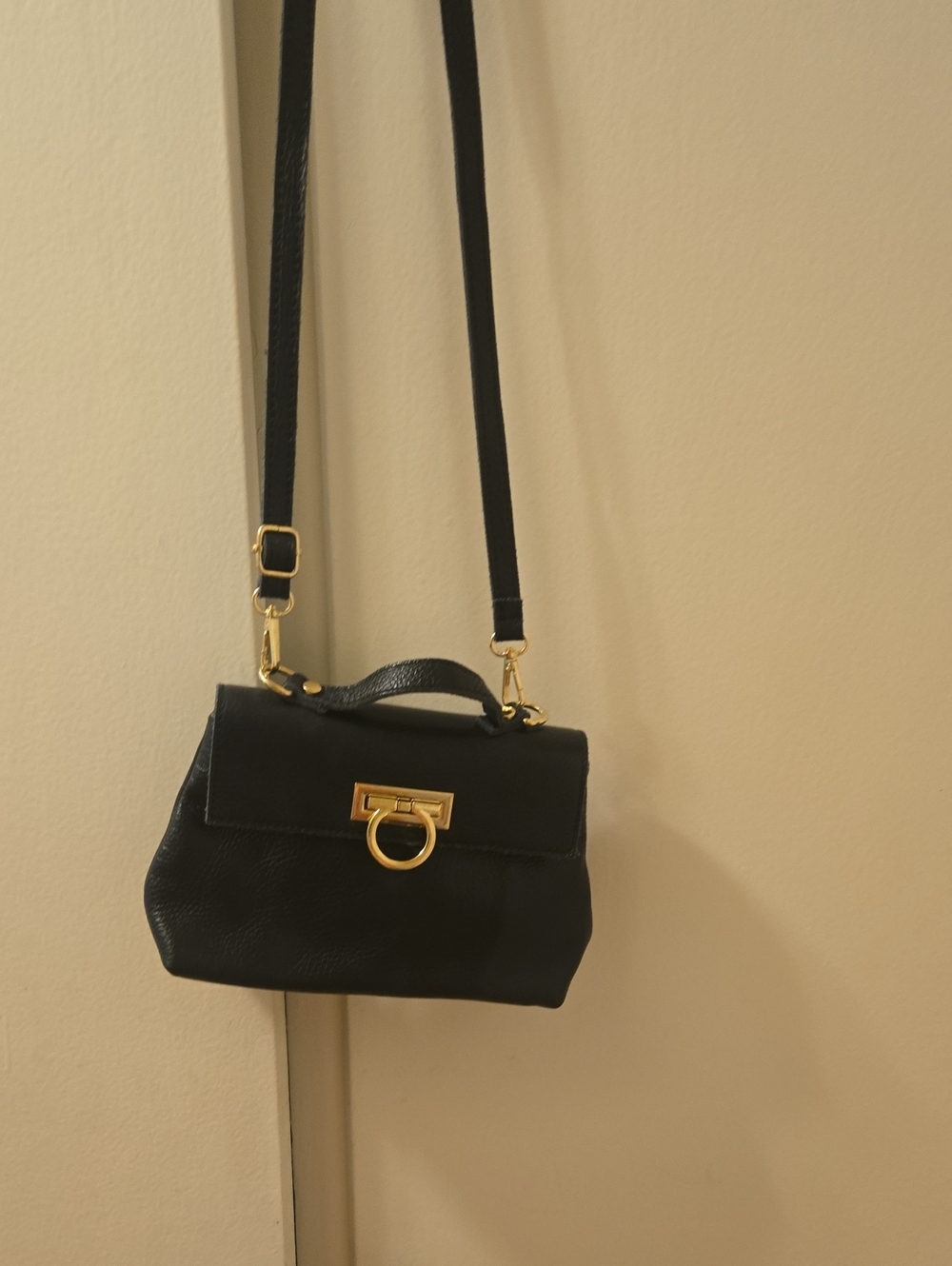 Persaman New York Black Leather Crossbody with Gold Ring Accent